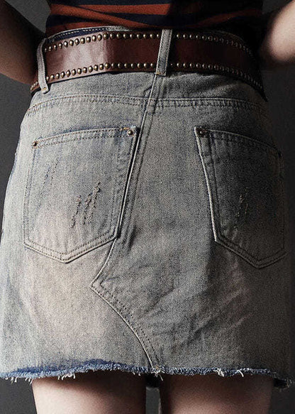 Grey High Waist Tassel Pockets Cotton Denim Ripped Skirts Summer