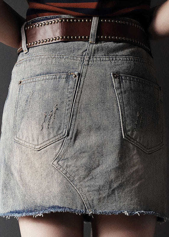 Grey High Waist Tassel Pockets Cotton Denim Ripped Skirts Summer