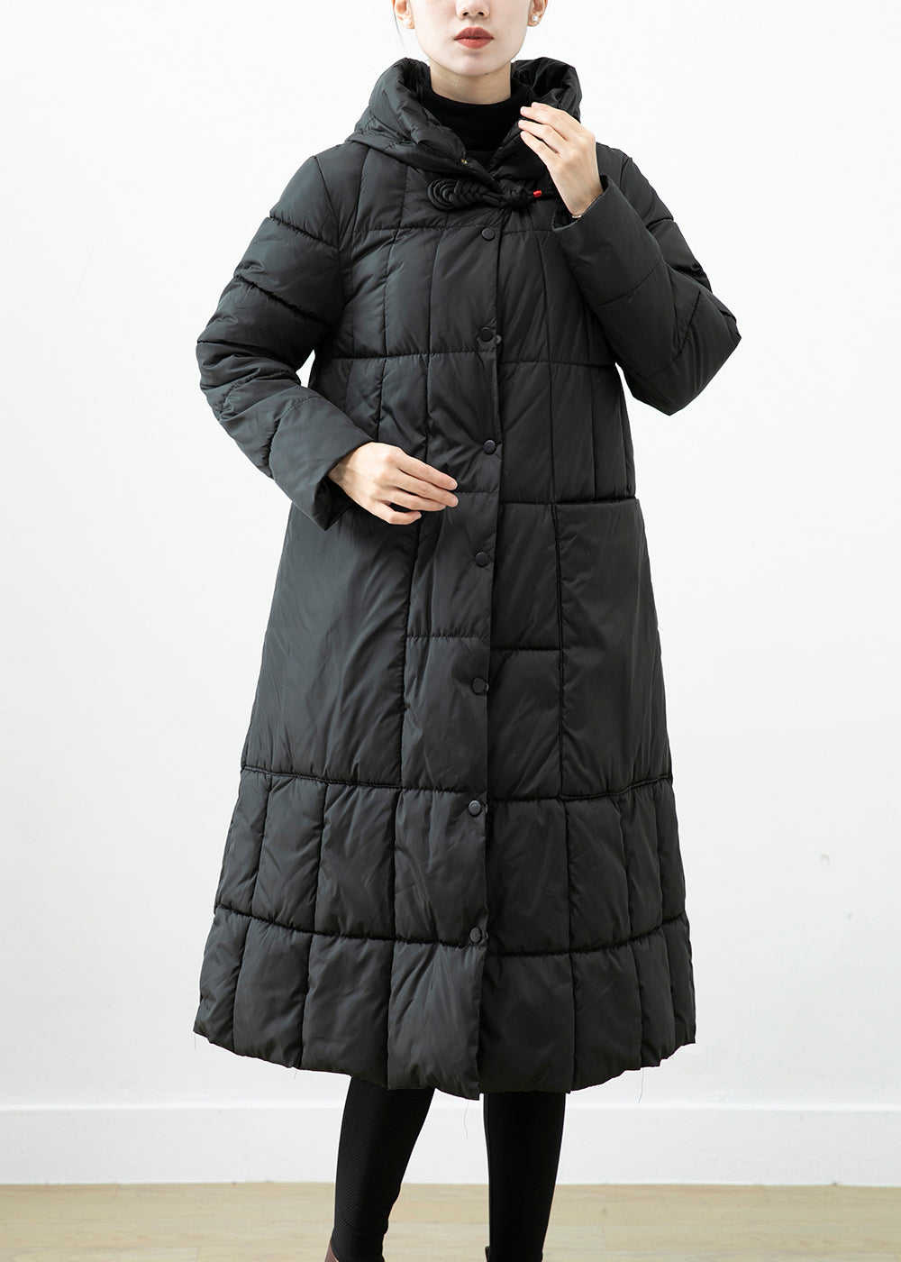 Black Oversized Fine Cotton Filled Jacket in Winter Hooded Big Pockets
