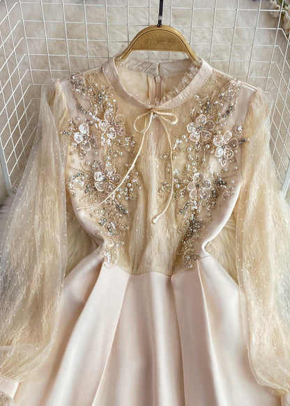 Apricot Stand Collar Tulle Patchwork Nail Bead a Line Maxi Dresses Long Sleeve