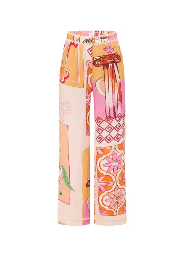 Natural Peter Pan Collar Print Shirts and Wide Leg Pants Two Pieces Set Short Sleeve