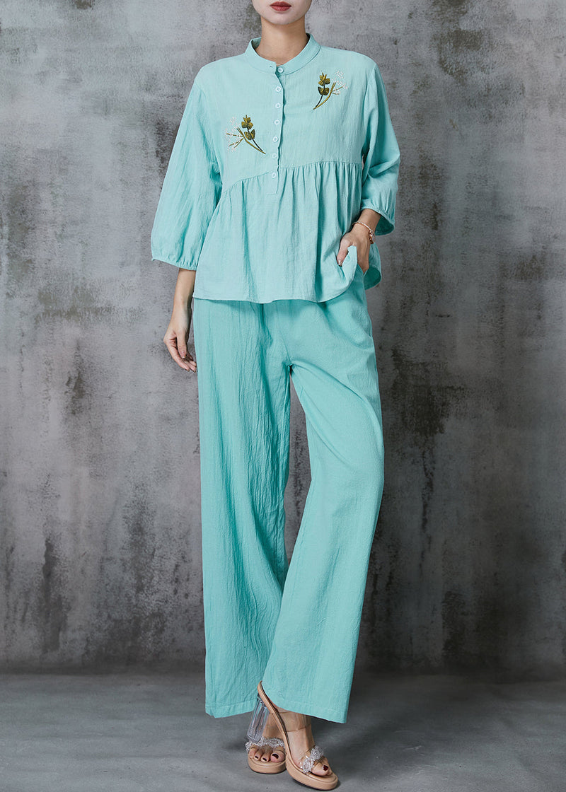 Sky Blue Embroidered Linen Two Piece Set Summer