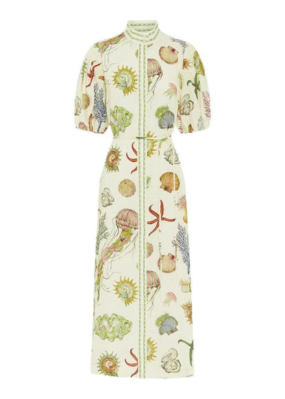 Unique Beige Stand Collar Tie Waist Maxi Dress Summer