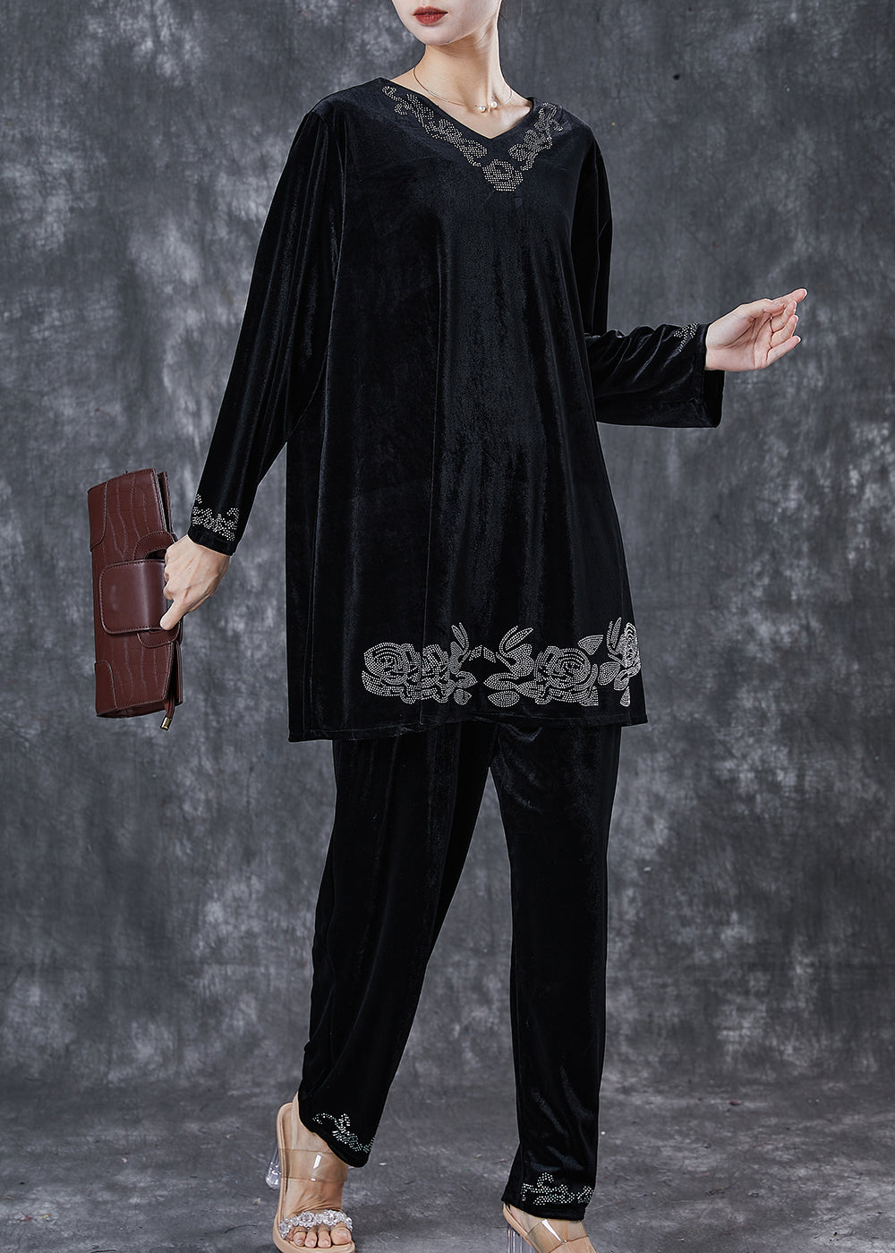 Black Oversized Zircon Silk Velvet Two Pieces Set Spring