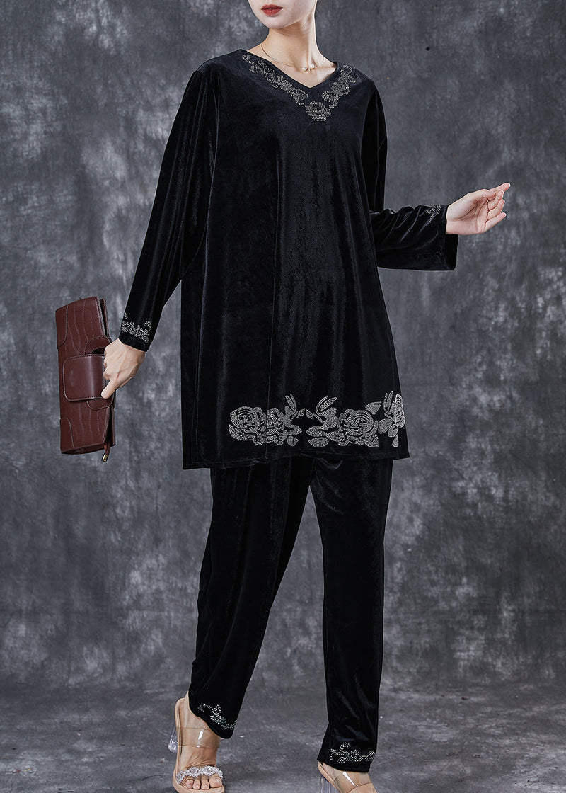 Black Oversized Zircon Silk Velvet Two Pieces Set Spring