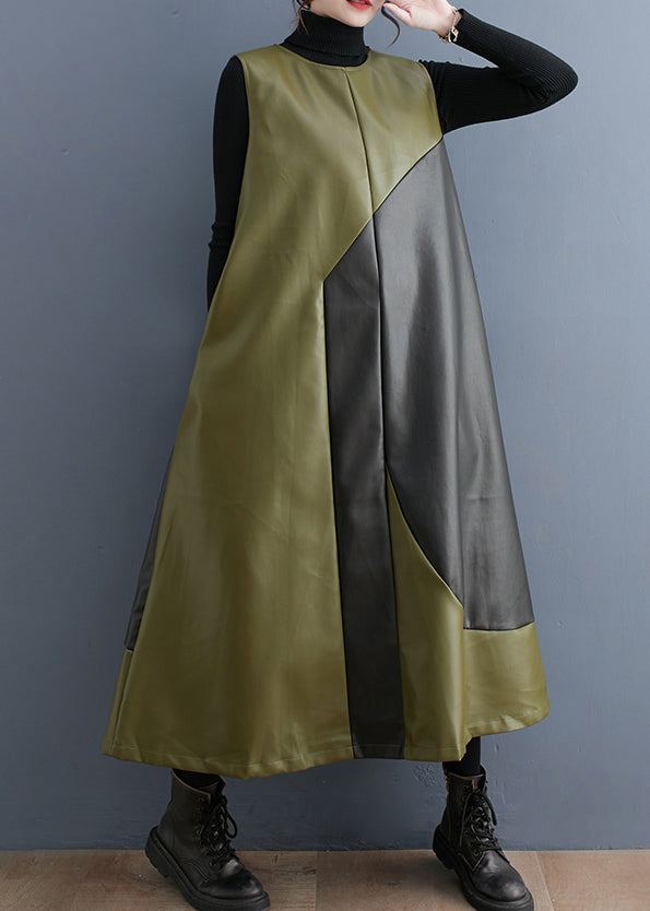 Army Green Asymmetrical Patchwork Faux Leather Long Dresses Sleeveless
