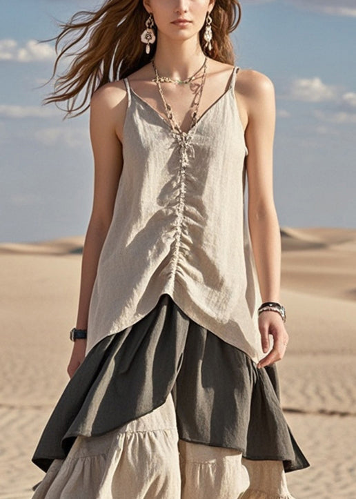 Khaki Patchwork Wrinkled Cotton Spaghetti Strap Dress Summer