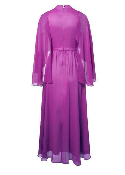 Purple Turtleneck High Waist Chiffon Long Dresses Three Quarter Sleeve