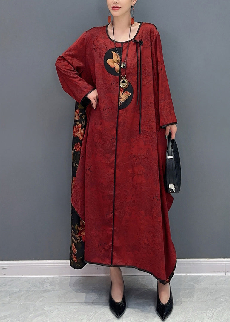 Chinese Style Red O-neck Patchwork Holiday Silk Long Dress Long Sleeve