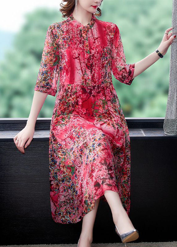 Red Stand Collar Print Wrinkled Chiffon Vacation Dresses Half Sleeve