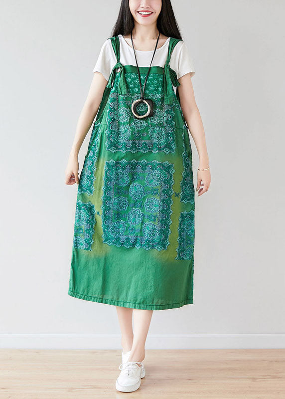 Green Oversized Print Cotton Strap Dress Spring