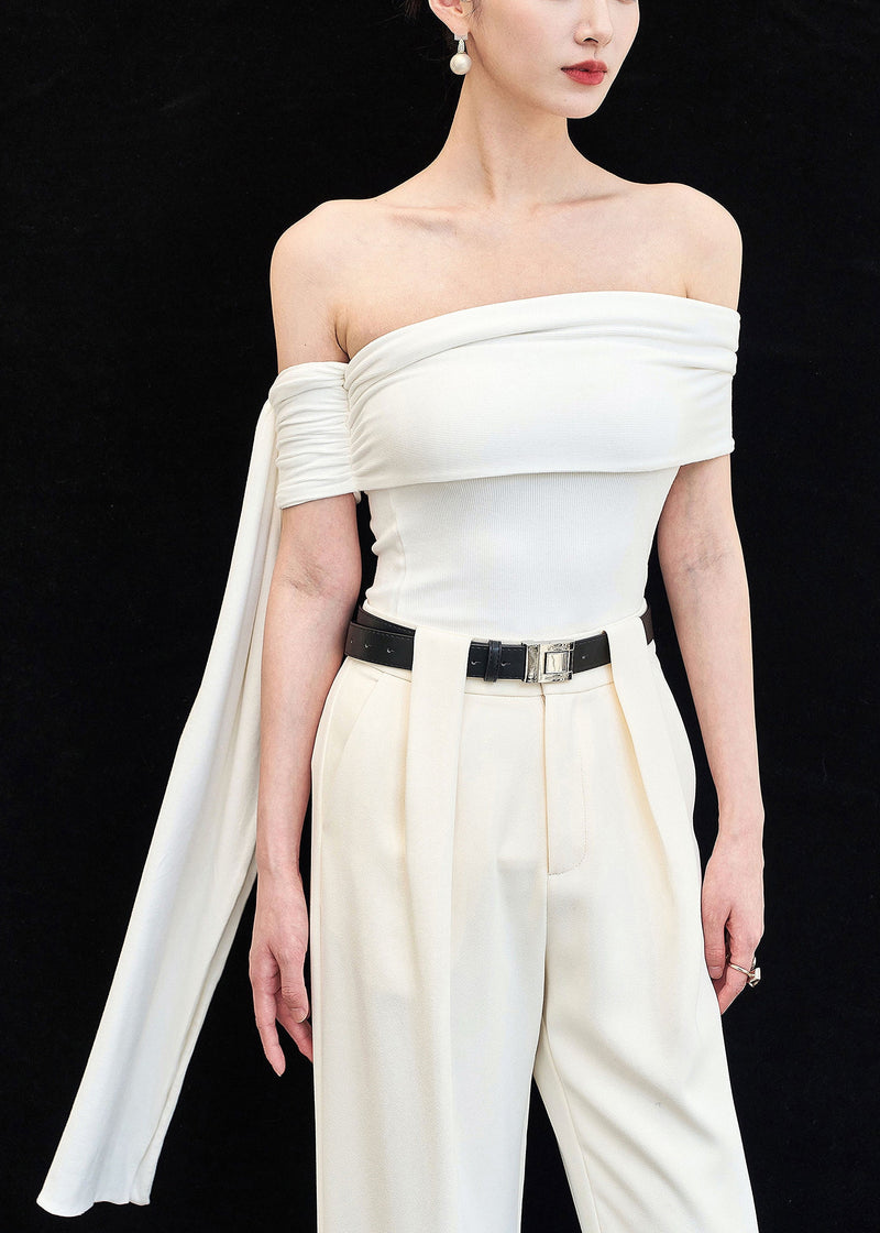 Slim Fit White Slash Neck Cotton Tops Sleeveless