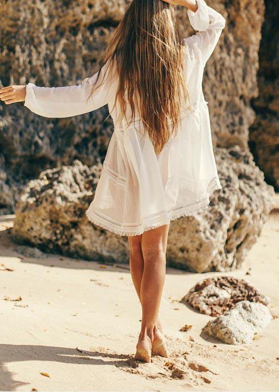 Unique White Patchwork Hollow Out Beach Gown Robe Chiffon Dress
