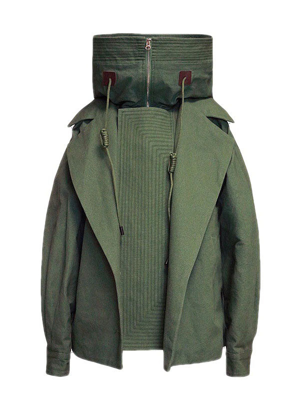 Green Loose Zippered Pockets Fall Coat