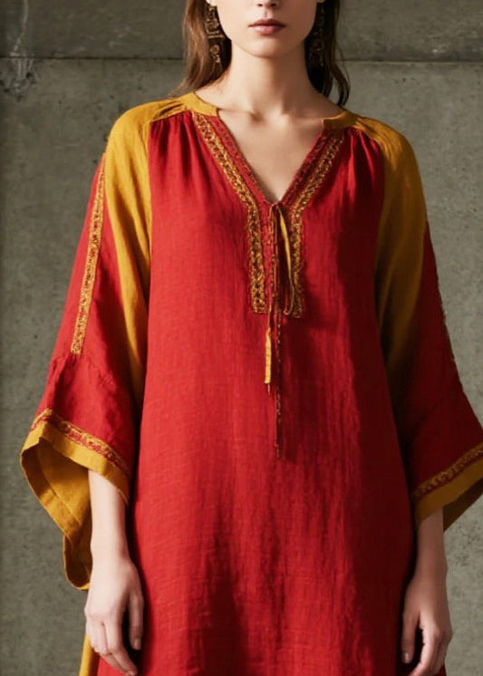 Style Red Oversized Patchwork Cotton Maxi Dresses Spring
