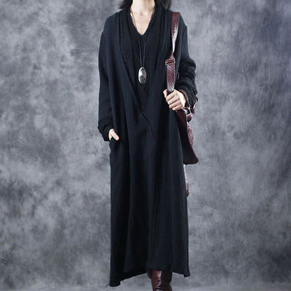 Black V Neck Patchwork Pockets Fall Dresses Long Sleeve
