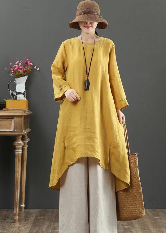 O Neck Low High Design Spring Clothes Shirts Yellow Embroidery Art Dress