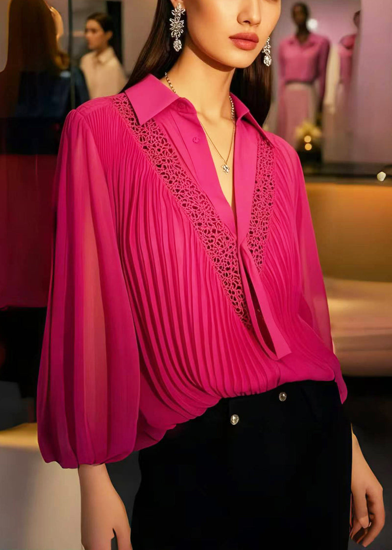 Rose Hollow Out Wrinkled Chiffon Blouses Spring