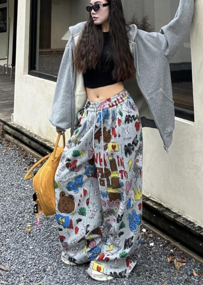 Grey Oversized Print Cotton Wide Leg Pants Spring