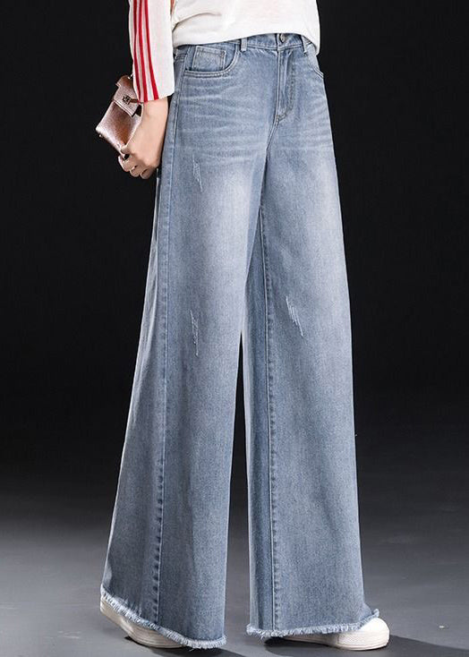 Light Blue High Waist Pockets Tassel Cotton Denim Wide Leg Pants Summer