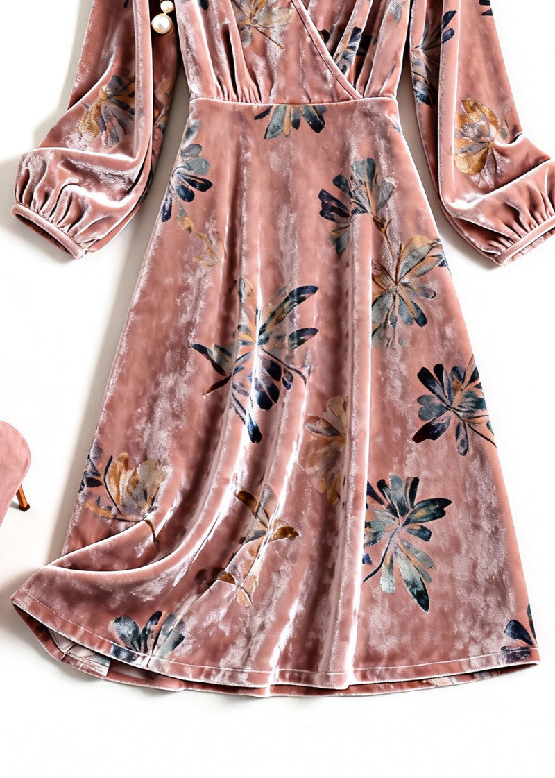 Pink V Neck Print Silk Velvet Dresses Spring