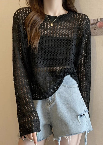 Black Hollow Out Knit T Shirts O Neck Long Sleeve