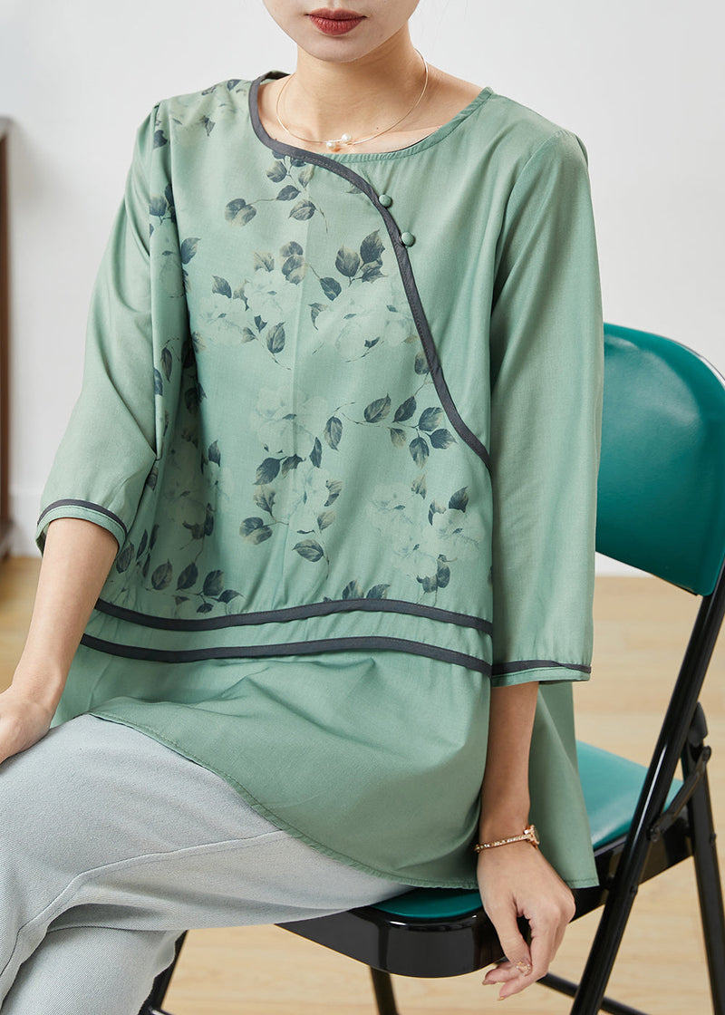 Green O-neck Print Linen Shirt Top Half Sleeve