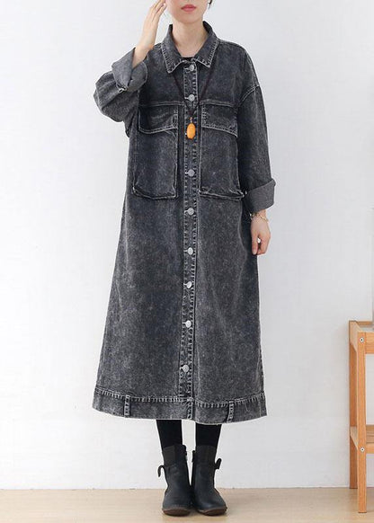 Fine Grey Peterpan Collar Button Fall Pockets Long Sleeve Coat