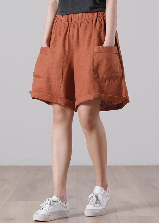 Orange Elastic Waist Pockets Color Linen Shorts Summer