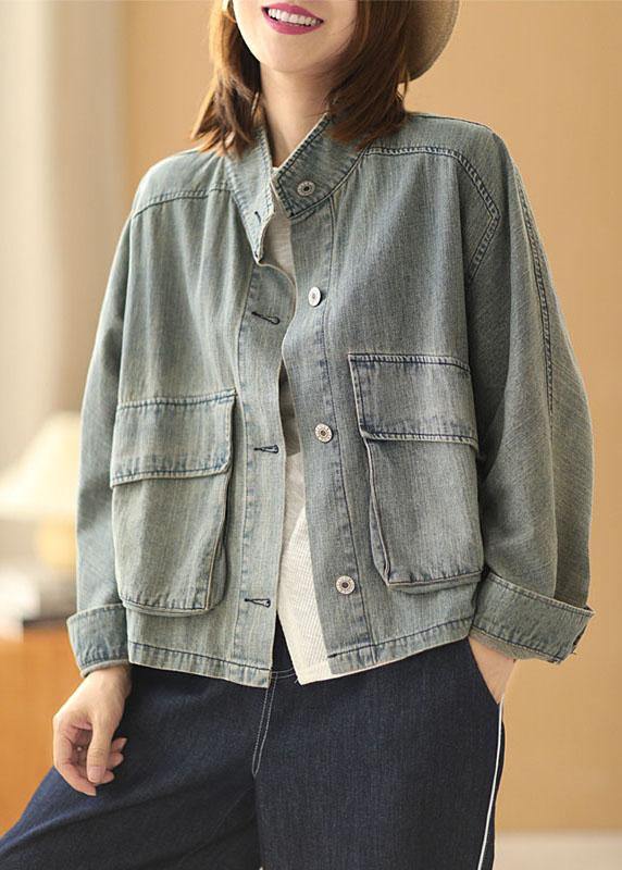 Light Blue Pockets Button Fall Denim Long Sleeve Coat