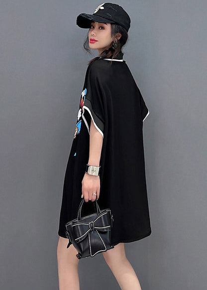 Black Peter Pan Collar Print Mid Dresses Short Sleeve
