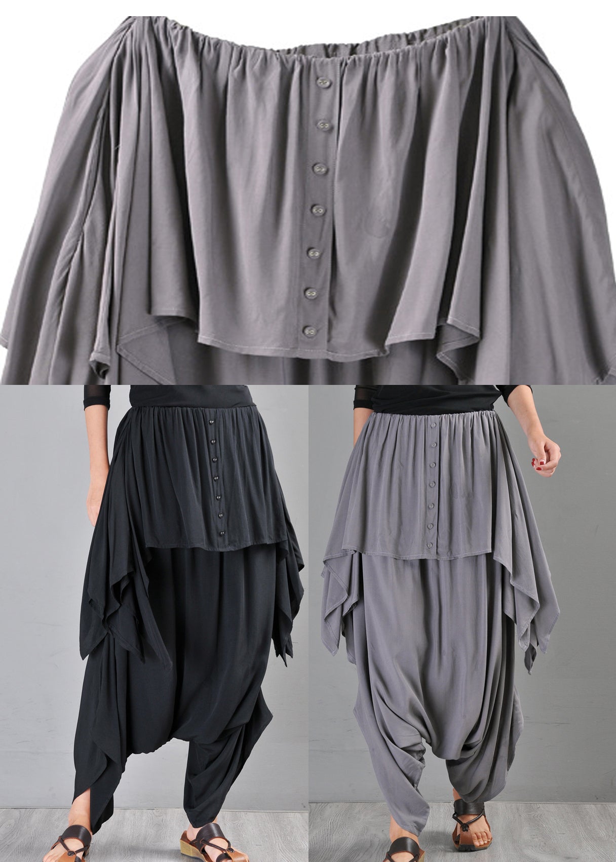 Grey Pockets Draping Cotton Pants Skirt Summer