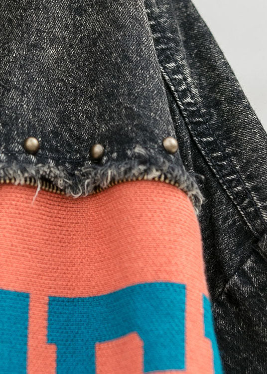 Fitted Denim Patchwork Knit Hooded Pockets Fall Coat Long Sleeve