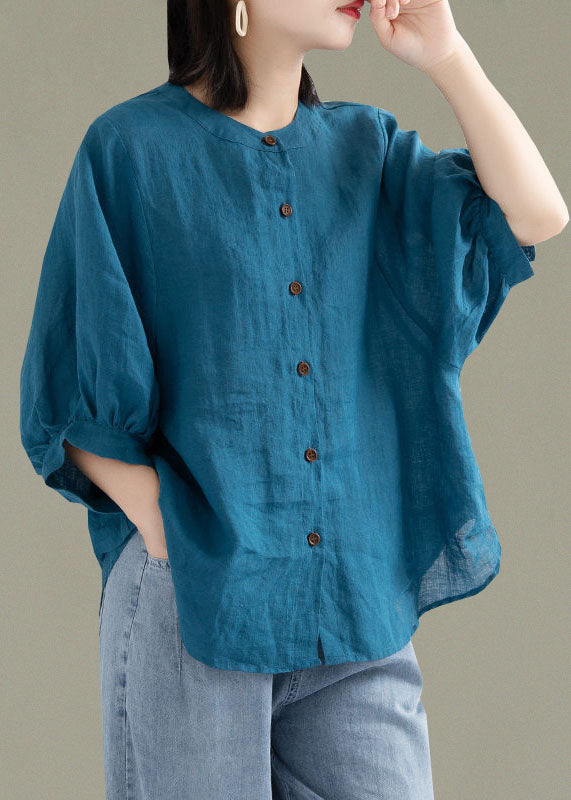 Art Red O-neck Button Linen Loose Shirt Top Lantern Sleeve