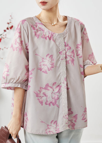 Light Purple Embroidered Print Cotton Shirt Top Spring