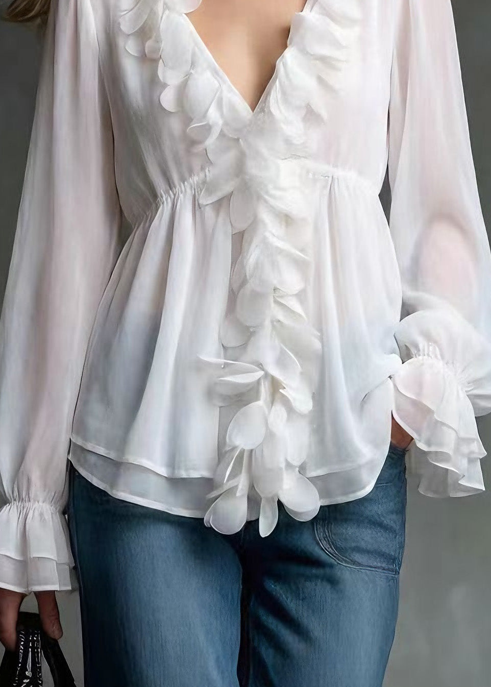 White V Neck Petal Chiffon Shirts Spring