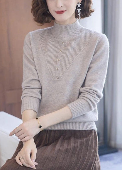 Beige Turtleneck Wool Knit Tops Long Sleeve