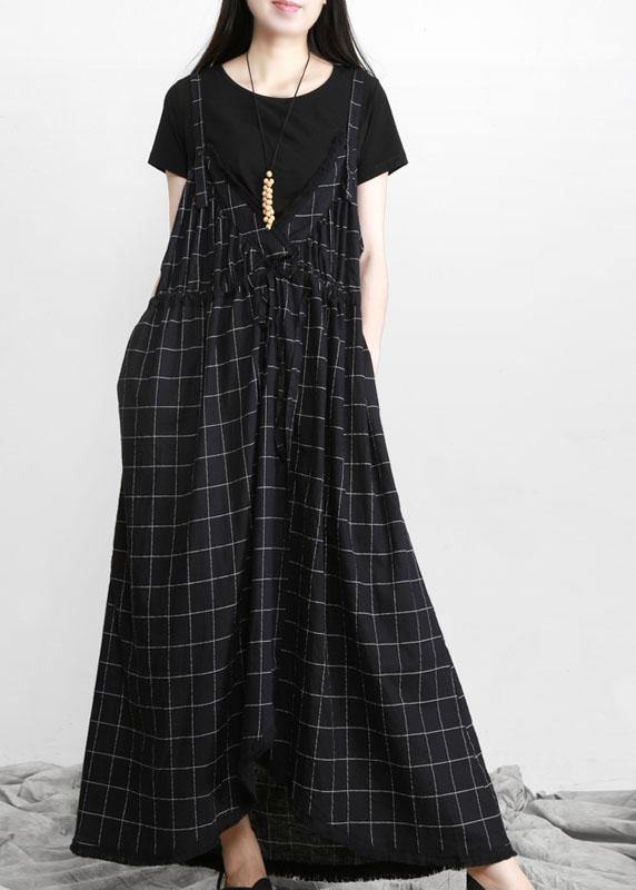 Diy Black Plaid Italian Cotton V Neck Vacation Dresses