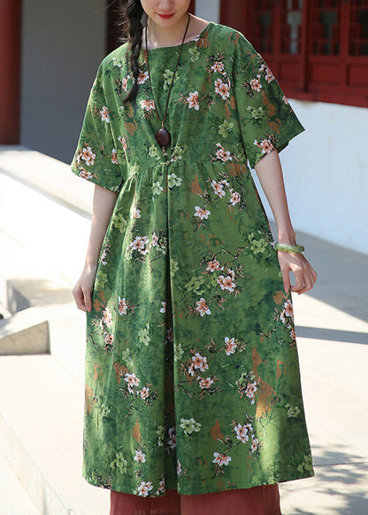 Green Print Pockets Patchwork Cotton Dresses Summer