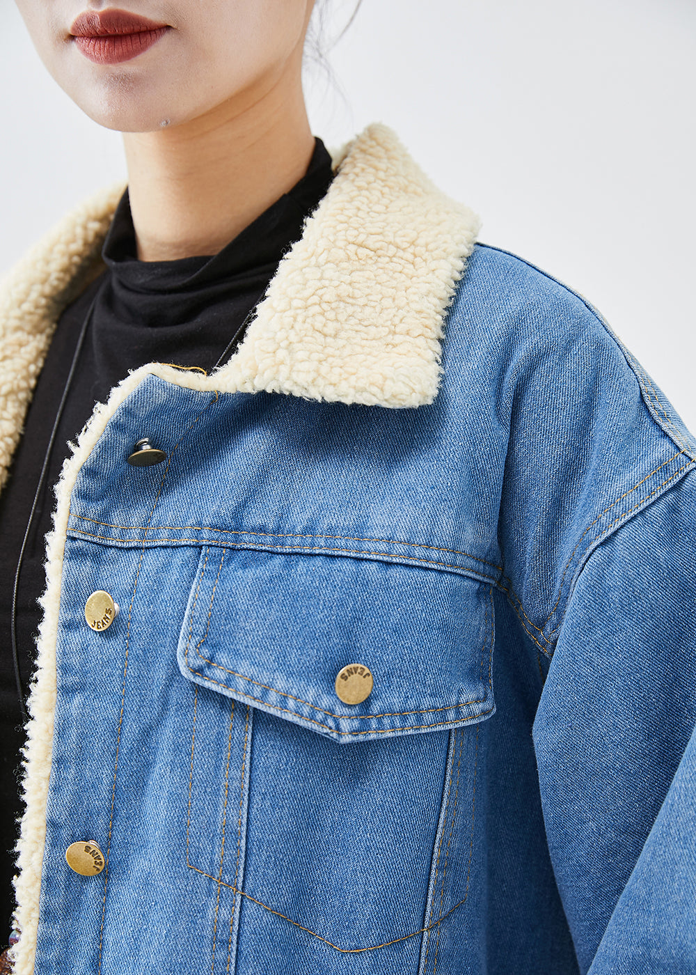 Blue Oversized Thick Fleece Wool Lined Denim Trench Coats Winter