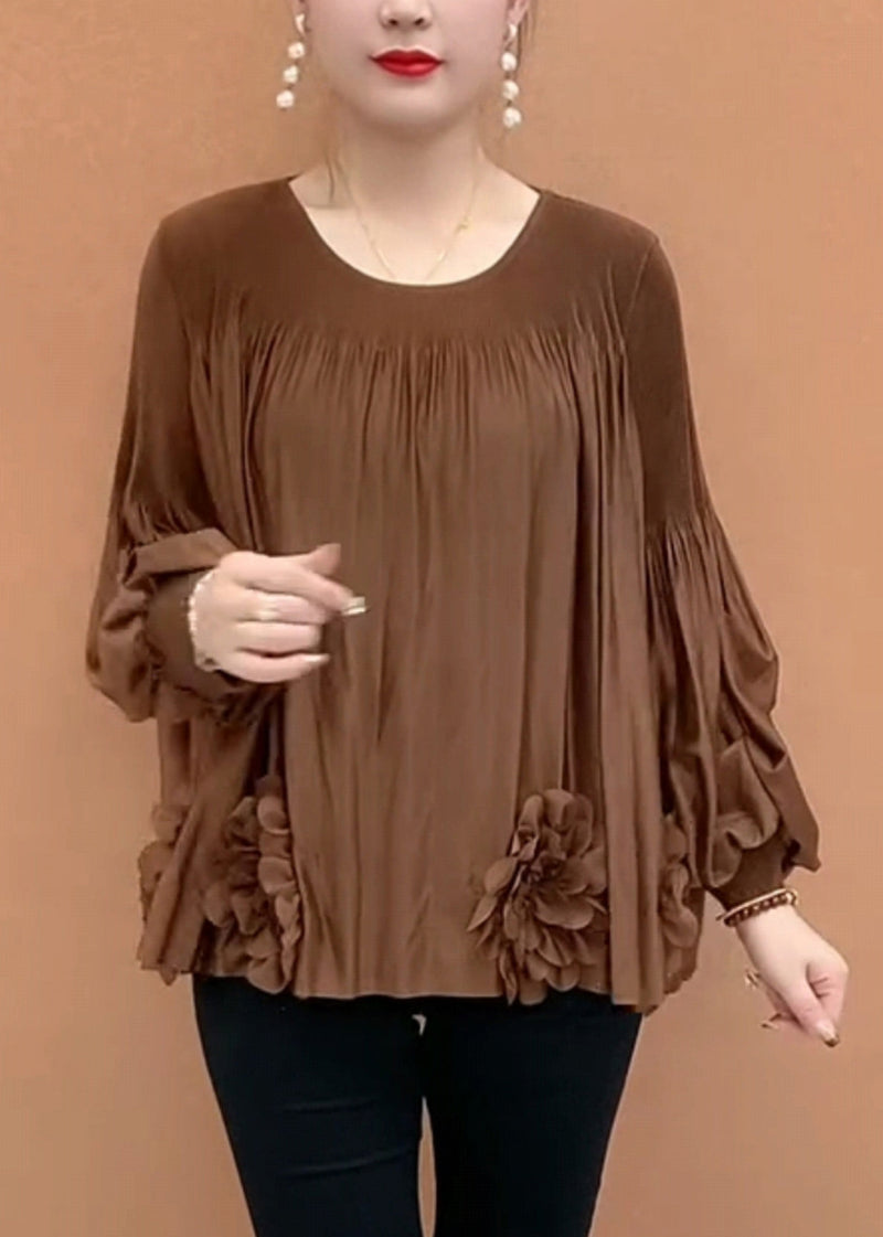 Loose Coffee O-neck Patchwork T Shirt Lantern Sleeve