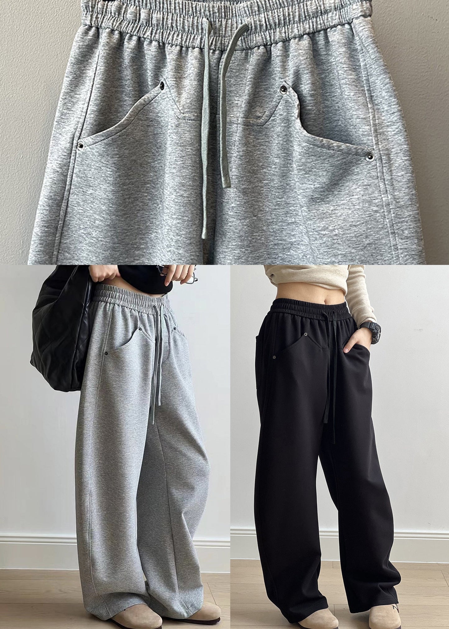 Black Pockets Cotton Pants Drawstring Elastic Waist Fall