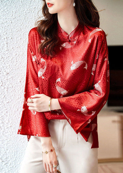 Red Stand Collar Print Silk Blouse Tops Flare Sleeve