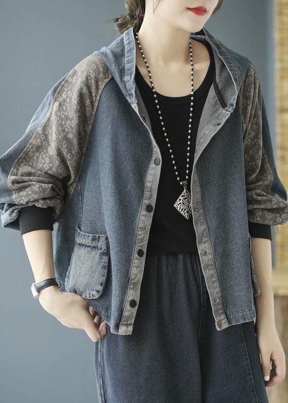Fitted Blue Hooded Patchwork Denim Coat