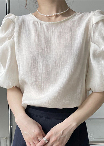 Apricot Puff Sleeve O-neck Wrinkled Color Silk Tops Fall