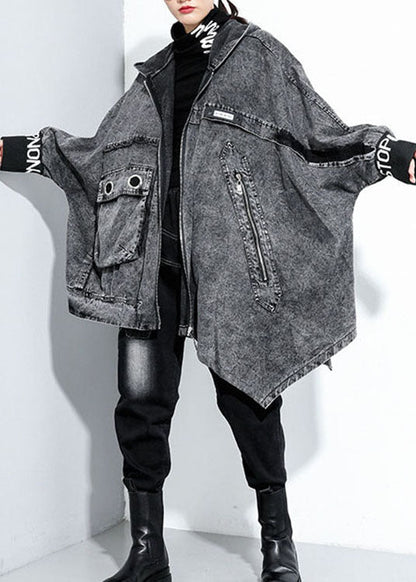 Italian Black Hooded Asymmetrical Design Denim Coat Spring