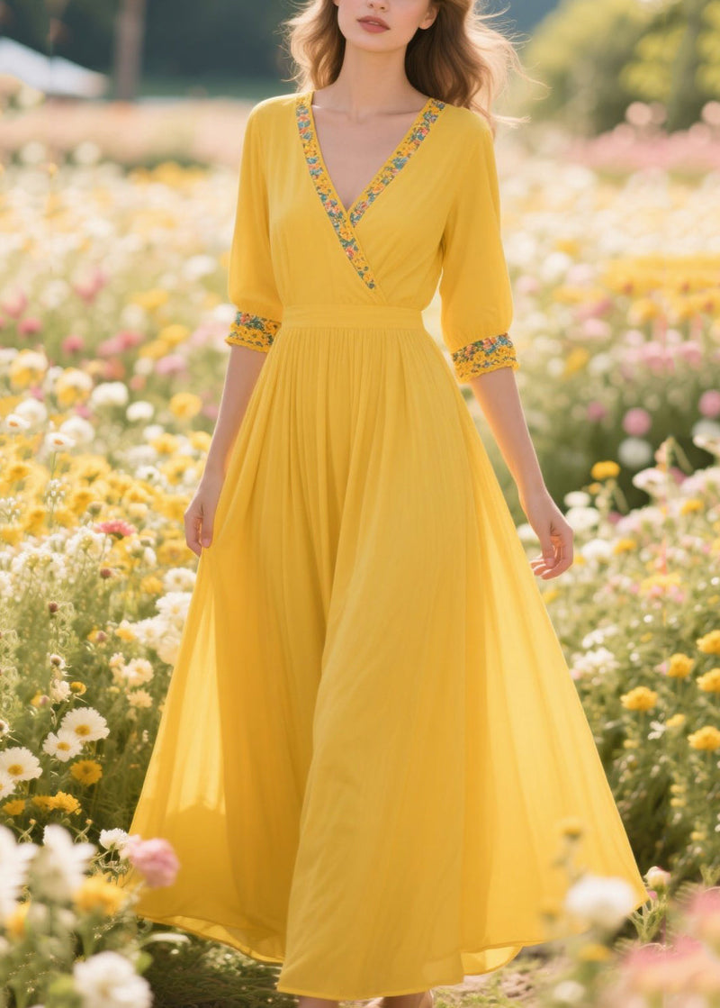 Yellow Patchwork Print Chiffon Holiday Dress Summer