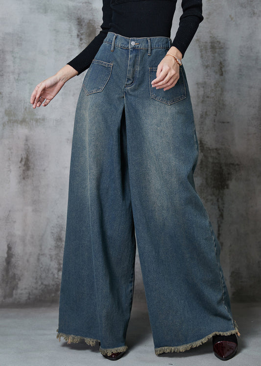 Navy Elastic Waist Pockets Denim Wide Leg Pants Spring