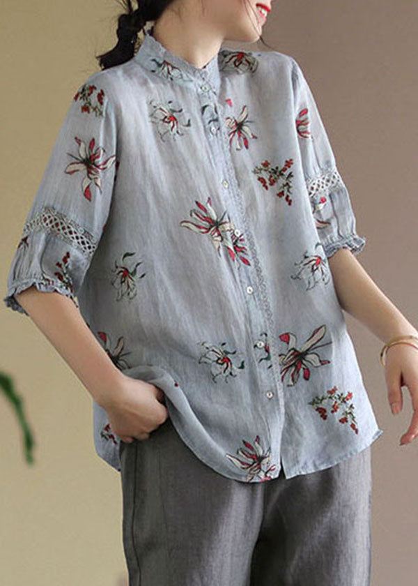 Boutique Grey Stand Collar Print Linen Shirt Tops Half Sleeve