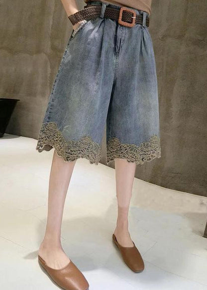Blue Lace Patchwork Denim Hot Pants Summer